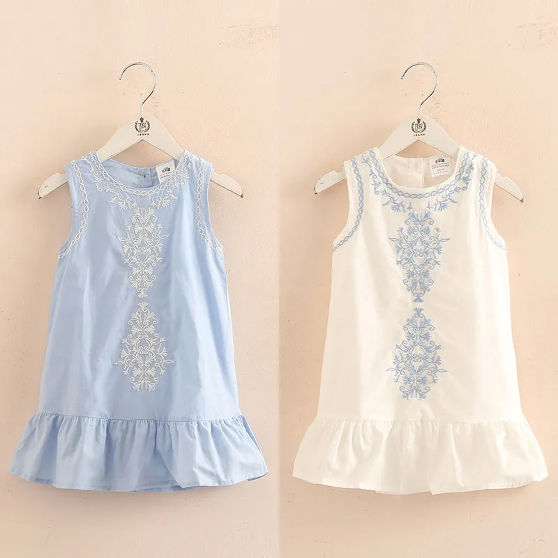 

2021 Hot Summer 2-10 Years Old Brief Kids Lace Embroidery Flower Floral Sleeveless Flounce Vest Tank Sundress Girls Dress Cotton