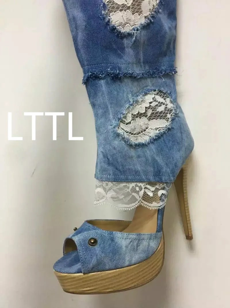 Lttl настоящее pic 2017 новинка denim peep toe вырез сапоги женщины Супер Тонкий Высокий