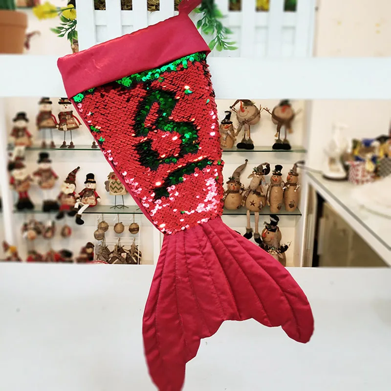 Christmas Decorations Mermaid Reversible Sequins Socks Tree Home Pendants Kid New Year Gift Bag | Дом и сад