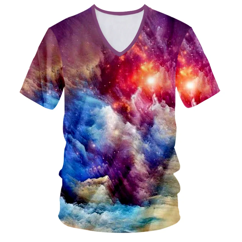 UJWI Galaxy Space V-neck T-shirt Men 2018 Summer Tops Mens Fashion Full Printing 3D T Shirts Casual Tshirt Big Size 7xl Homme | Мужская