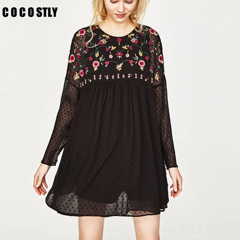 Женское винтажное платье с цветочной вышивкой черное Свободное круглым вырезом