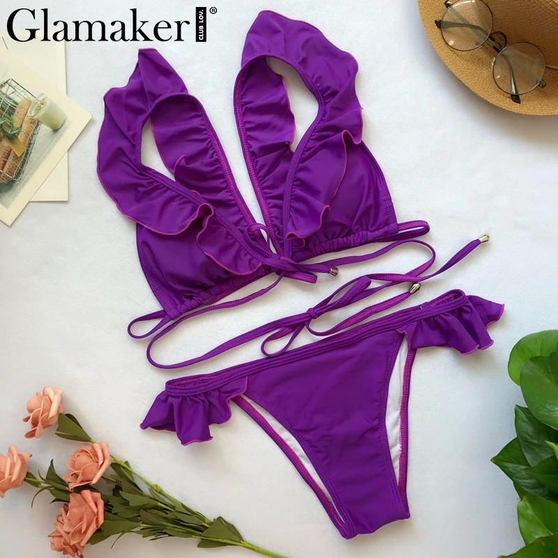 Glamaker красный гофрированный купальник женский сексуальный глубокий v-образный вырез купальный костюм для женщин купальный костюм бикини с высокой талией пуш-ап с открытыми плечами Купальник - Цвет: Фиолетовый