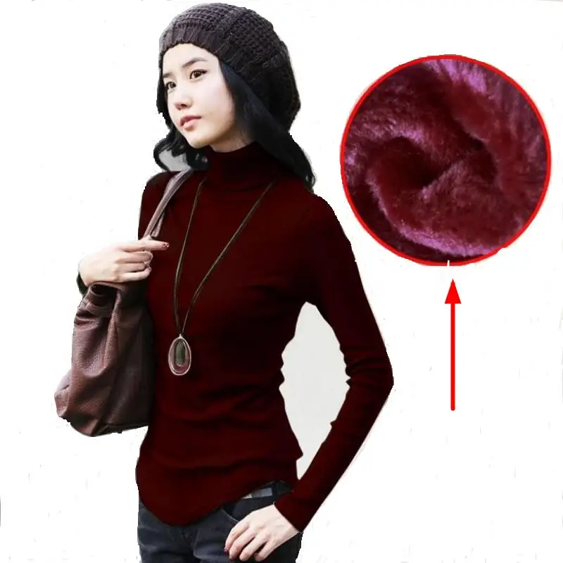 Slim Thicken interior Velvet Casual Thick Warm Women's Autumn Winter Turtleneck Sweater Big Size solid color long-sleeved | Женская