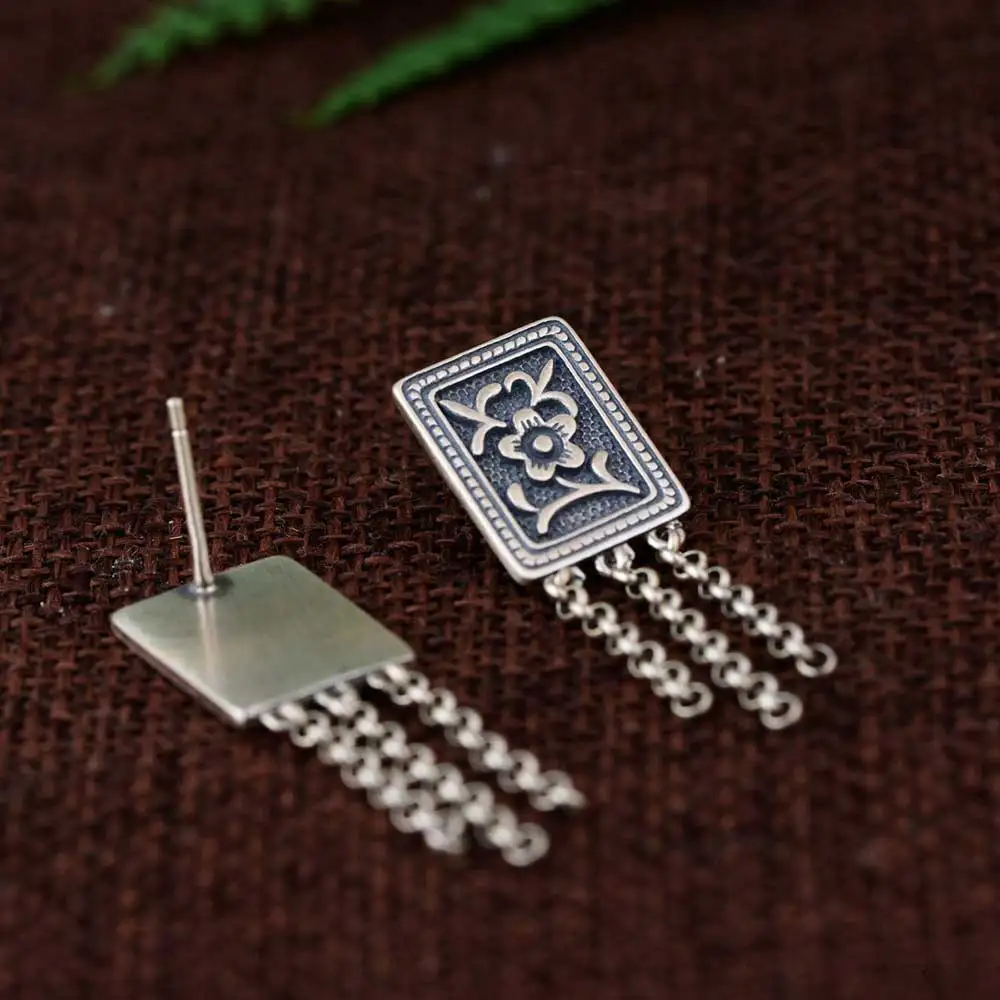 Женские серьги-кисточки из серебра 925 пробы с квадратным цветком 100% | Украшения и