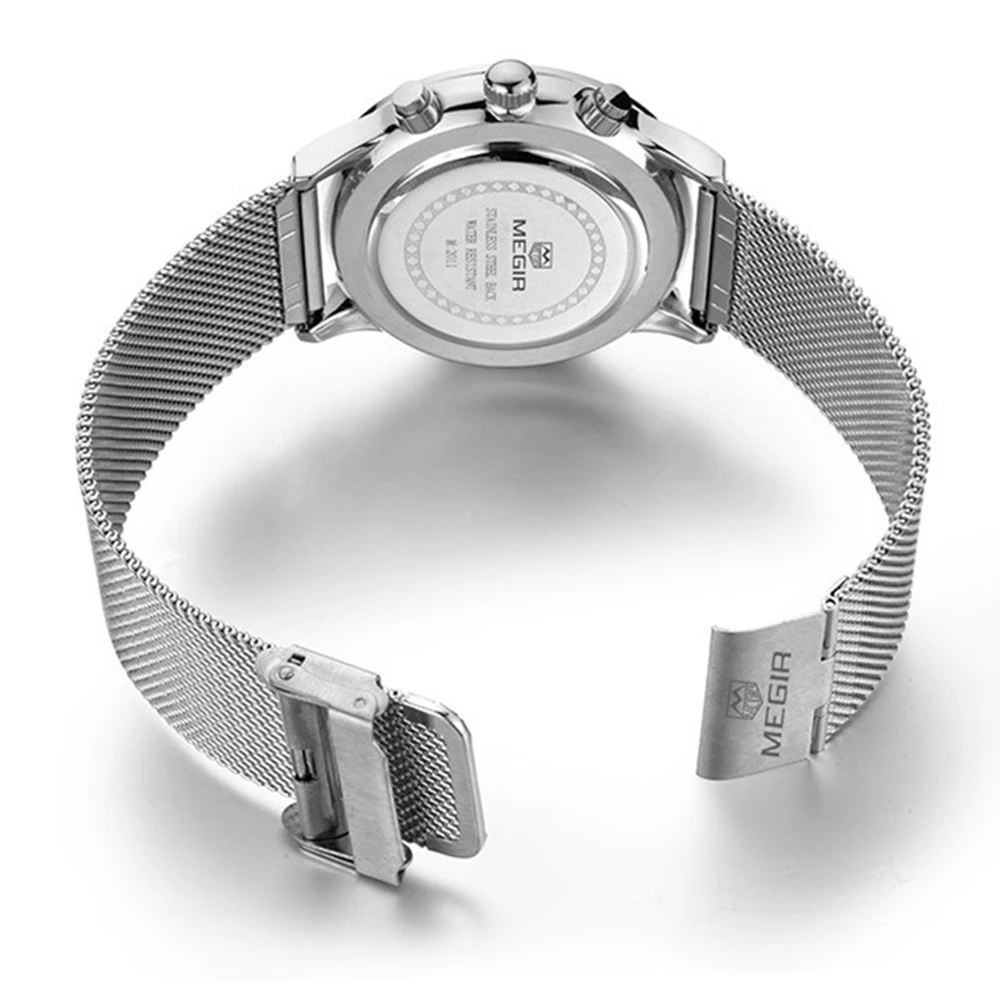 Мужские наручные часы MEGIR черные с хронографом и стальным ремешком деловые