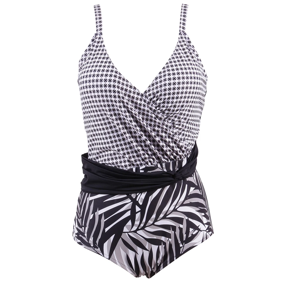 NAKIAEOI Plus Size Swimwear Women One Piece Swimsuit Retro Vintage Bathing Suit Beachwear Patchwork Print Monokini Swimsuit
