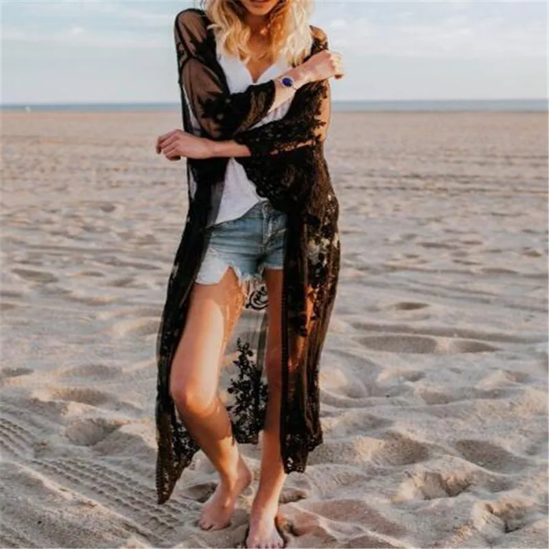 Женская пикантная пляжная Длинная блузка прозрачный кружевной летний кардиган с