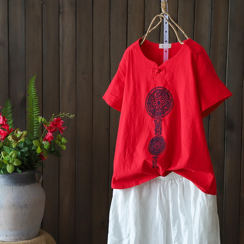 Женские китайские Топы 2019 летняя винтажная рубашка в фольклорном стиле с