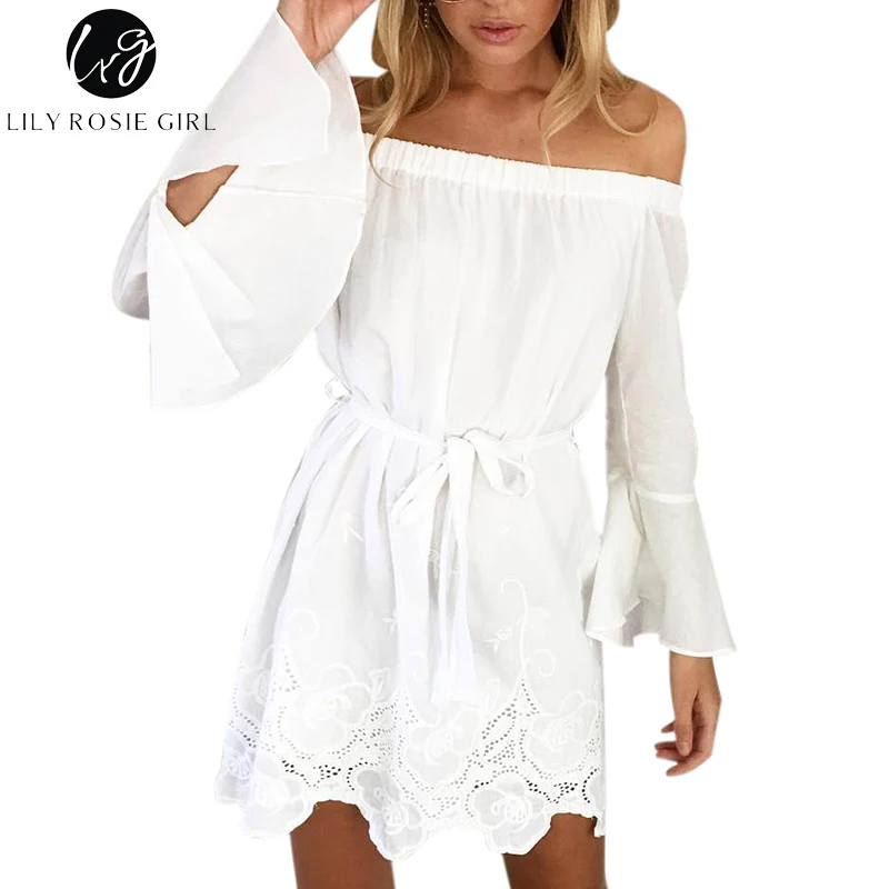 Элегантное белое платье с расклешенными рукавами женское сексуальное открытое