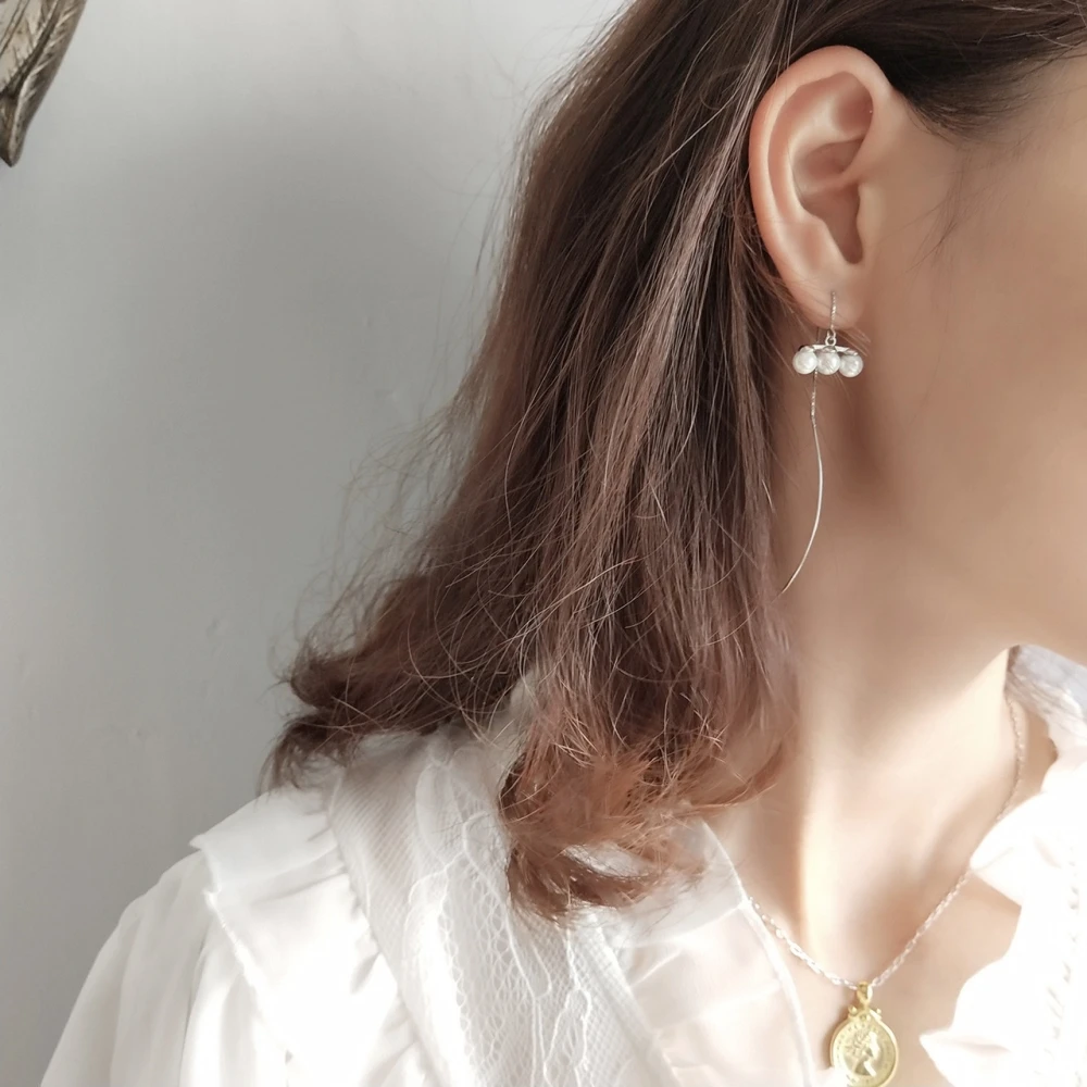 Korean Design Ladies Shell Pearl Adjustable Long Line Drop Earring in 925 Sterling Silver With Sticks Slide Earrings For Party | Украшения