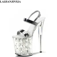 LAIJIANJINXIA With high 20cm white flowers wedding heels silver glitter strappy sandals Stripe Dance Shoes