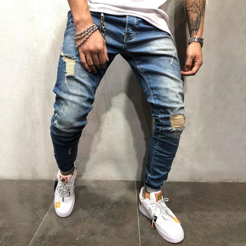 Летние рваные узкие брюки Брюки повседневные джинсовые обтягивающие мужские s