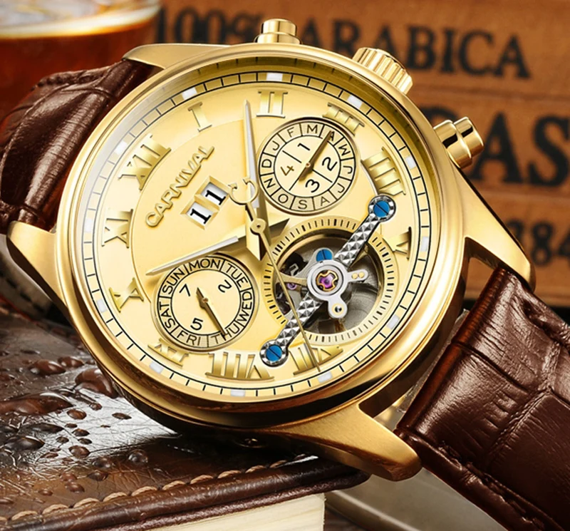 

Luxury Gilded Watch Men Automatic Self-Wind Sapphire Glass Tourbillon Hollow Dial Brown Leather Band Watches reloj relogio 5 ATM