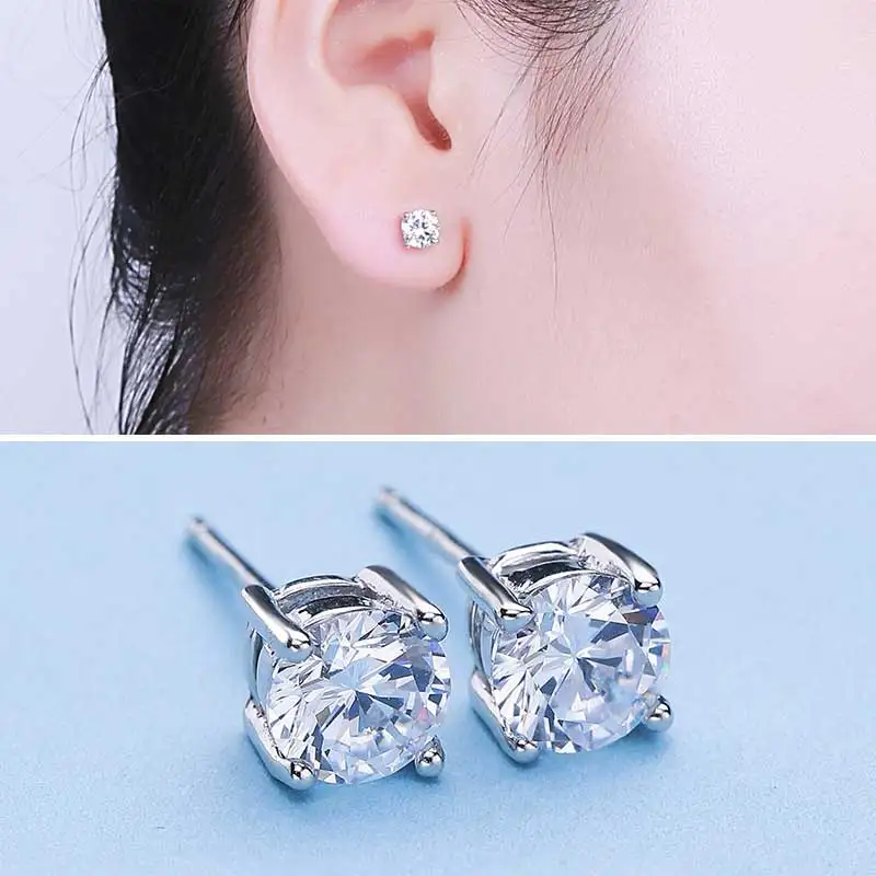 Qingmos Классический 3 мм белый фианит четыре когти стерлингового серебра 925 Earring ear573