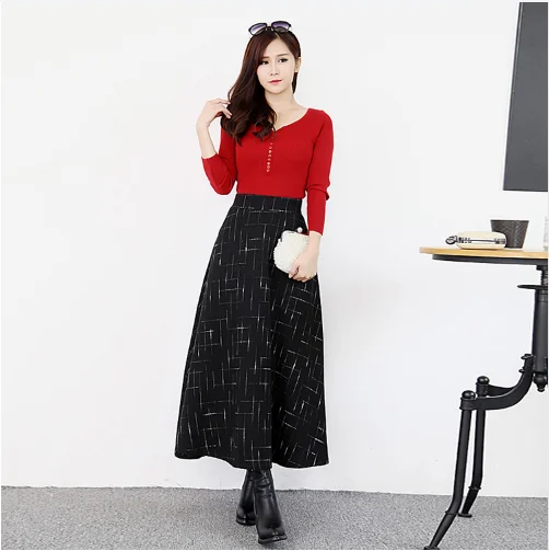 2017 Осенние эластичные юбка с завышенной талией плед Длинные шерстяные юбки