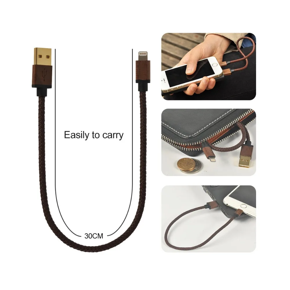 CACOY 30 см короткий USB кожаный кабель с деревянный соединитель для iPhone X 7 8 Plus 6 IOS