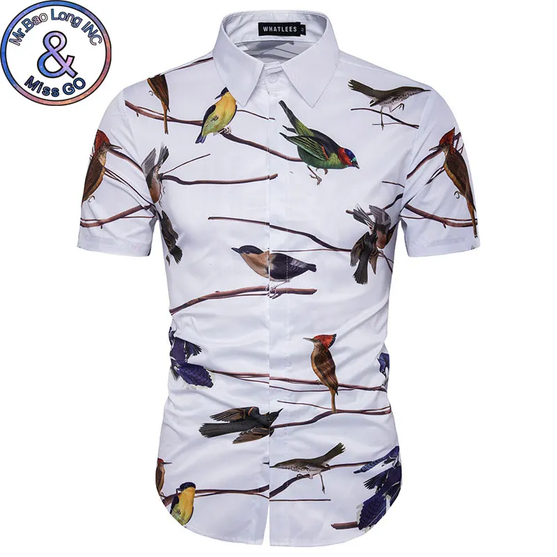 Mens Hipster Bird Print Beach Hawaiian Shirt 2018 Casual Slim Fit Short Sleeve Camisa Hawaiana Men Casul Brand Dress Male | Мужская