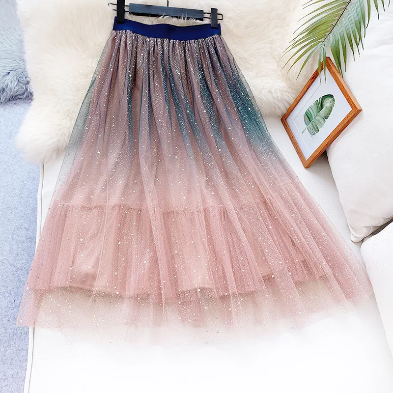 apricot LANMREM Spring And Summer Fashion Trend New Women High Elastic Loose Waist Gradient Star Skirt TC031 - Цвет: apricot