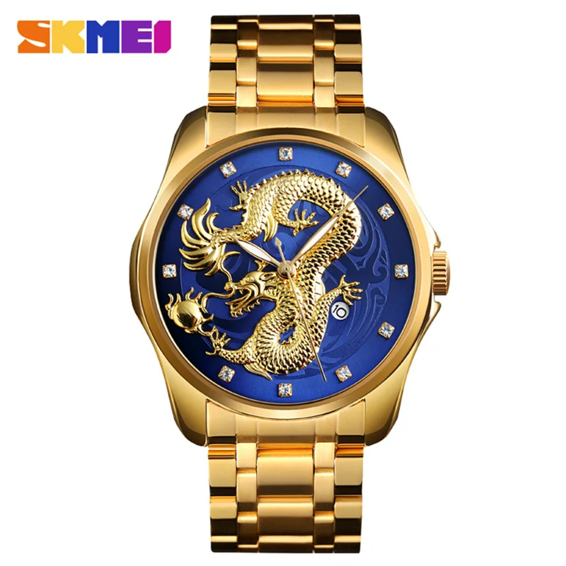 gold blue SKMEI лучший бренд класса люкс мужские часы золотой дракон кварцевые часы для мужчин водонепроницаемый Дата дисплей Нержавеющая сталь ремешок наручные часы для мужчин - Цвет: gold blue