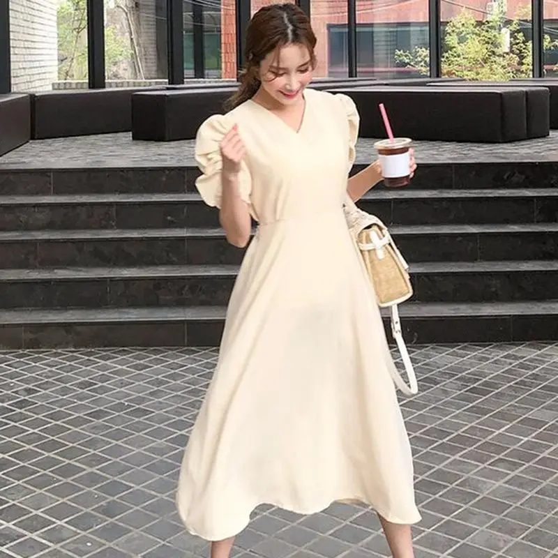 Летнее элегантное милое винтажное женское миди платье в Корейском стиле