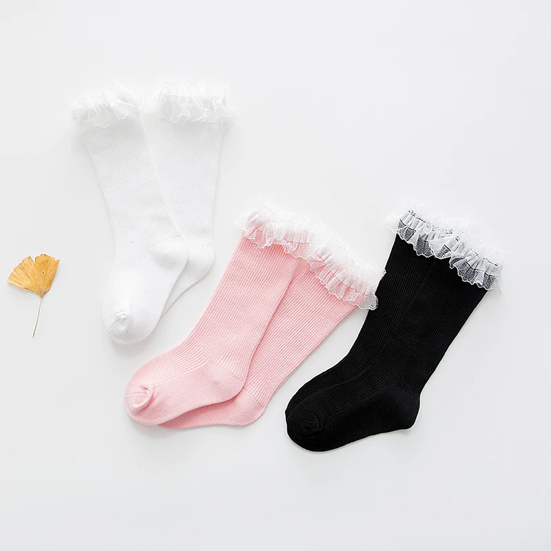 Кружевные гольфы для девочек Длинные теплые детские белые черные Хлопковые