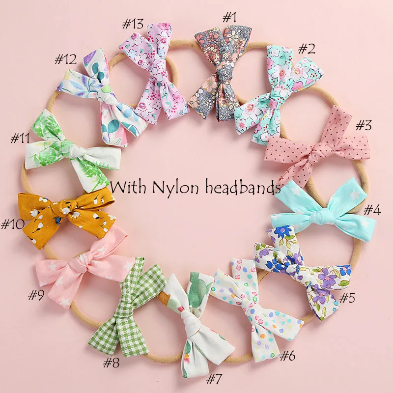 with headbands 13 шт./лот, цветочный принт, ручная вязка, для школьницы, бант из нейлона, повязка на голову или заколки для волос, весна-лето, тканевые повязки на голову с бантом - Цвет: with headbands