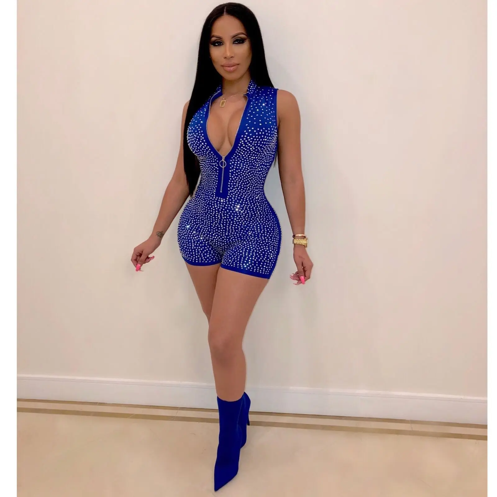 

Women's Fashion V-neck Bandage Bodysuit Romper Sleeveless Slim Playsuit Ladies Summer Clubwear Sexy Skinny Jumpsuit 2019