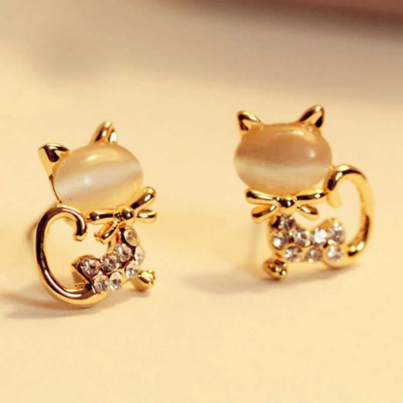 Pendientes de gato con diamantes de imitación para mujer y niña, aretes, joyería, regalo, 2022