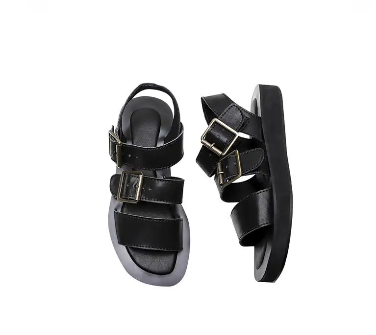 

VIISENANTIN Woman Buckle Belt Roman Sandal Shoe Gladiator Open Toe Leisure Comfortable Sandal Black Leather Flat Sports Sandal