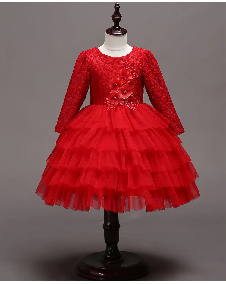 Wedding flower girl kids dress for girls Elegant wedding party princess Open back bud silk gauze long sleeve cake dresses | Детская