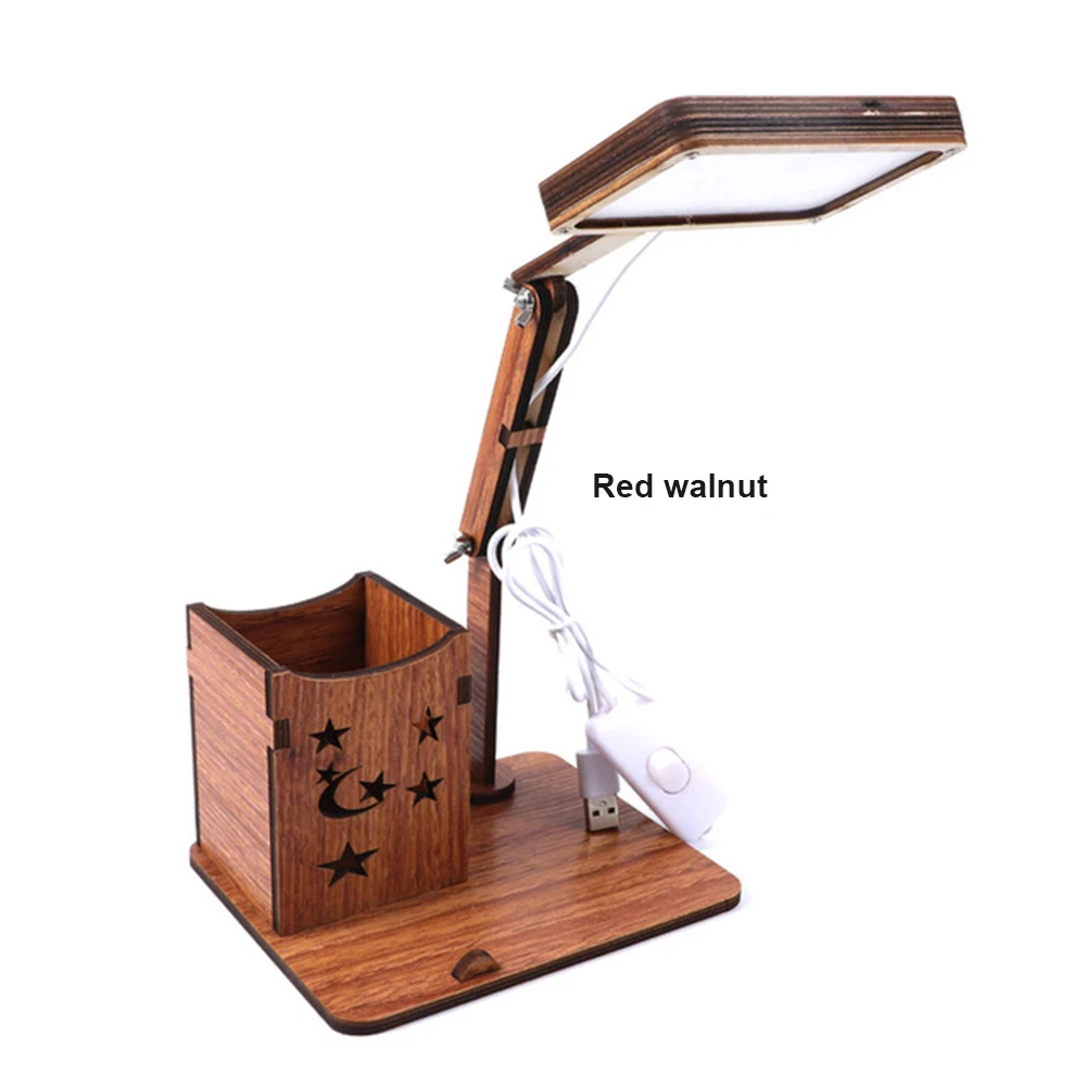 Red with USB Plug Rechargeable Wooden LED Desk Lamp with Brush Pot& Phone Holder Base Vintage Deco Dimmer Study Table Lamps for the Bedroom - Цвет корпуса: Red with USB Plug