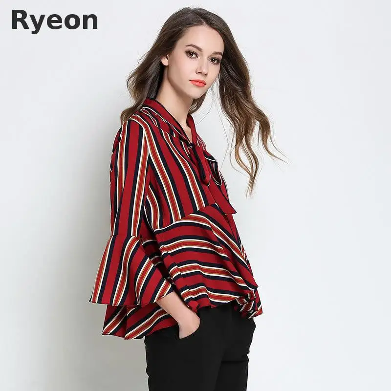 Ryeon 5xl Plus Size Women Chiffon Blouses Striped Printing Regular Full Bow Neck Fashion Ruffle Blouse Blusa Mujer Blusas |