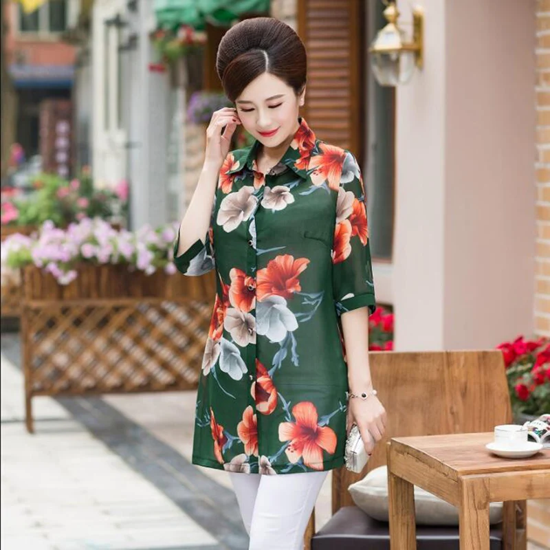 Mother Clothing Summer Print Chiffon Blouse Shirt Cardigans 2019 Middle Aged Women Fashion Plus Size Half Sleeve Casual Tops | Женская