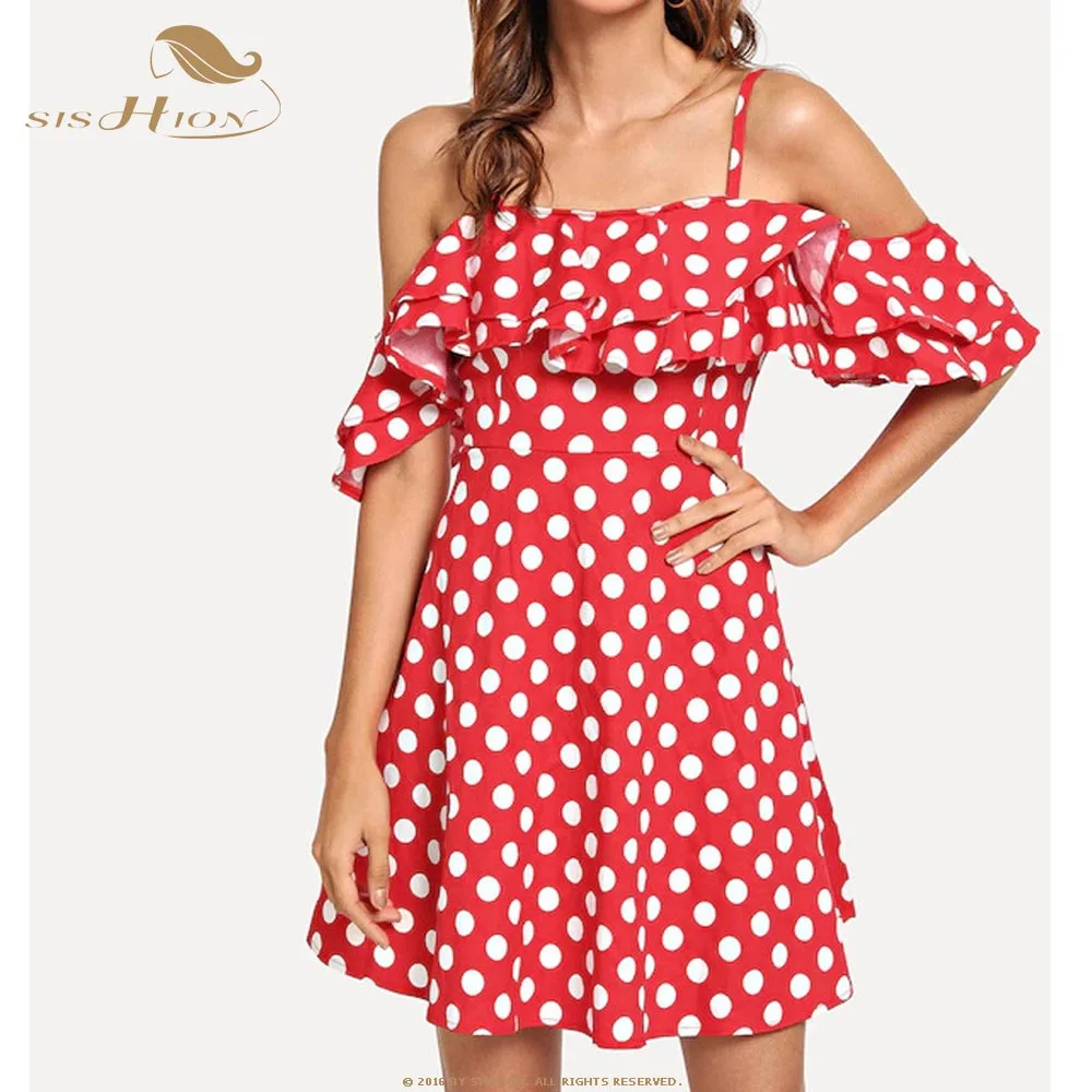 

SISHION Spaghetti Strap Ruffles Dress VD1135 2021 Summer Cotton Vintage Retro Women Red Polka Dots Dress