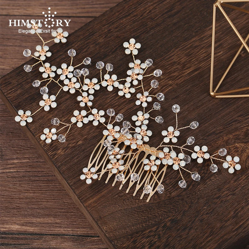 

HIMSTORY Opal Flower Haircomb Handmade Bridal Headpieces Hair Jewelry Crystal Hair Pins For Wedding Hair Accessories
