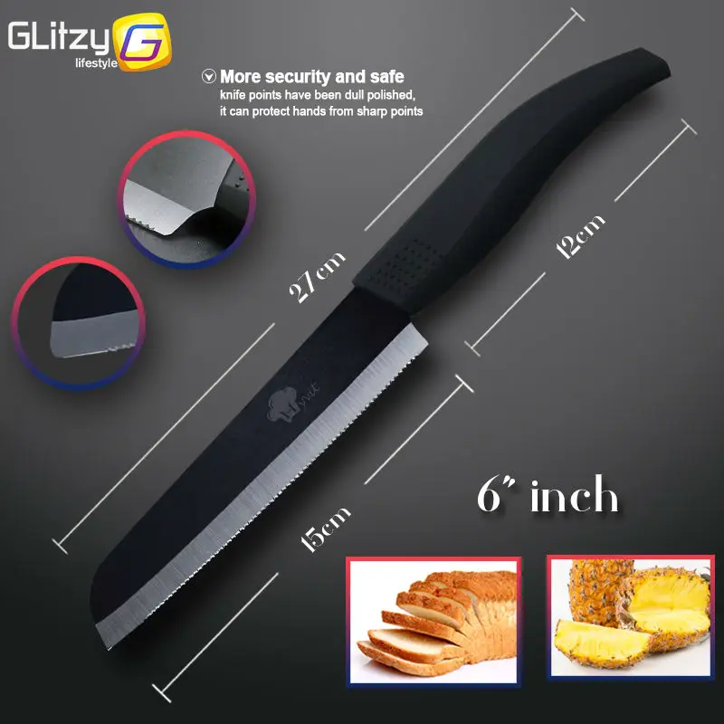 Керамический нож с зубчатыми лезвиями кухонный черным цирконием для готовки