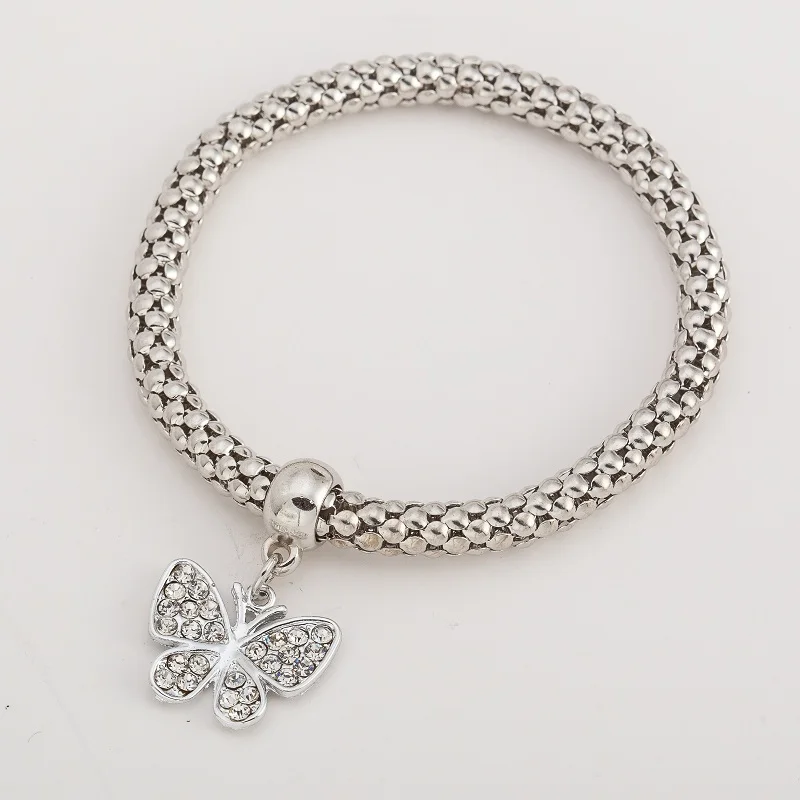 butterfly silver Серебряный цвет эластичный Попкорн цепи змея цепи в форме сердца кристалл кулон элегантный простой темперамент модный браслет для женщин - Окраска металла: butterfly silver