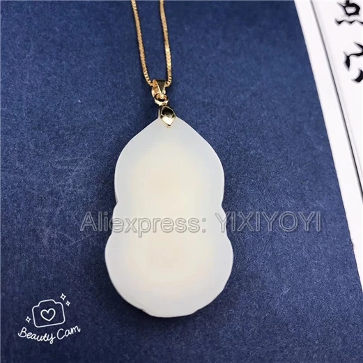 Натуральный белый нефрит + 18K твердый Золотой инкрустированный кулон GuanYin Blessing Lucky