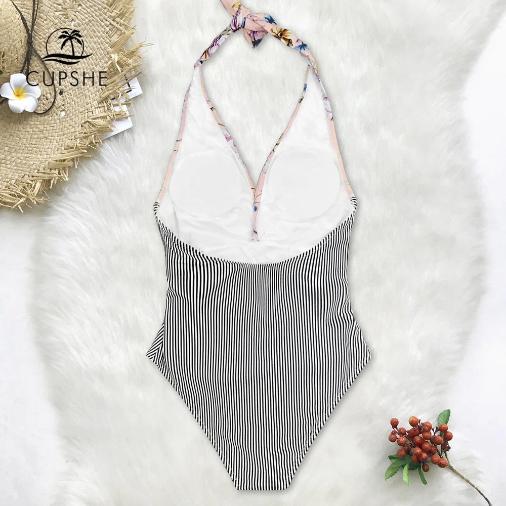 CUPSHE розовый цветочный и черный полосатый Цельный купальник с лямкой через шею 2019