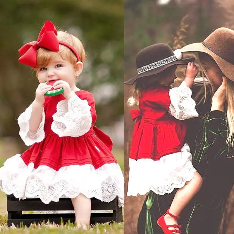 Newborn Kids Baby Girls Xmas Princess Party Lace Dress Headbnad Set Clothes Red | Детская одежда и обувь