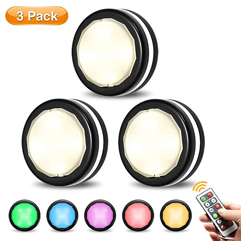 Светодиодный светильник для шкафа с беспроводным изменением цвета RGB Puck Light 3 в упаковке с 1 пультом дистанционного управления с регулируемой яркостью под шкаф Аккумулятор для осветительных приборов