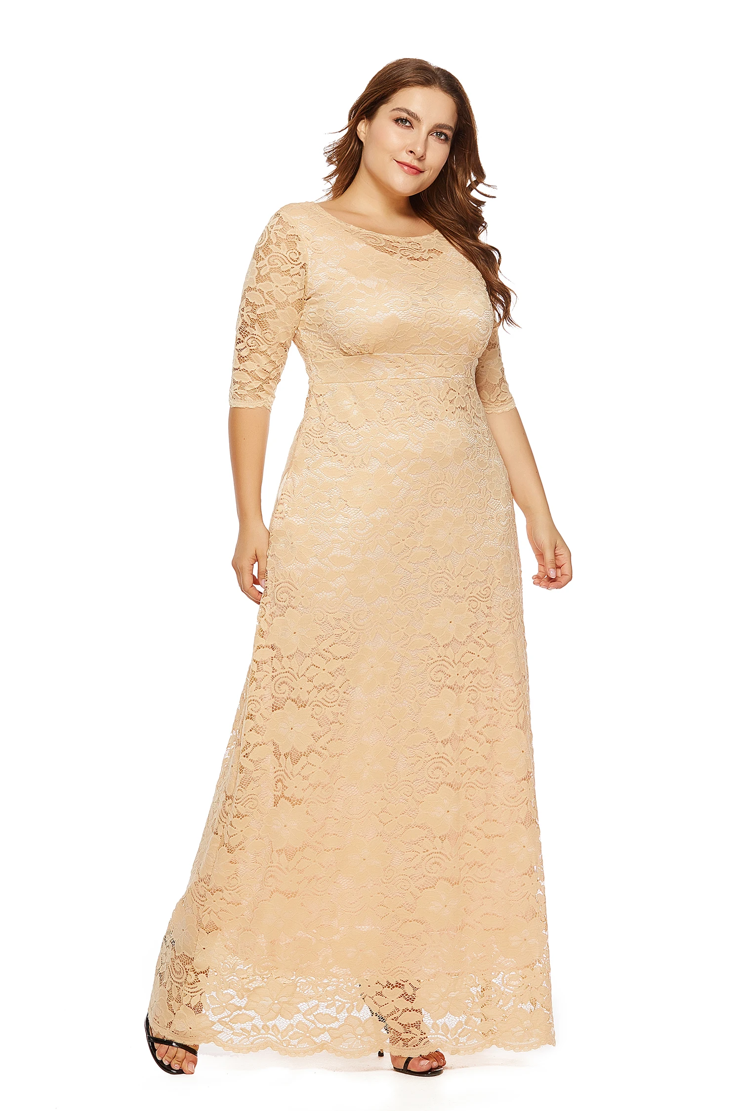 

Fashion Spring Summer 6 Solid Color Hollow Out O Neck Big Size Xl-6xl Lace Women Party Dress Jl-sq016