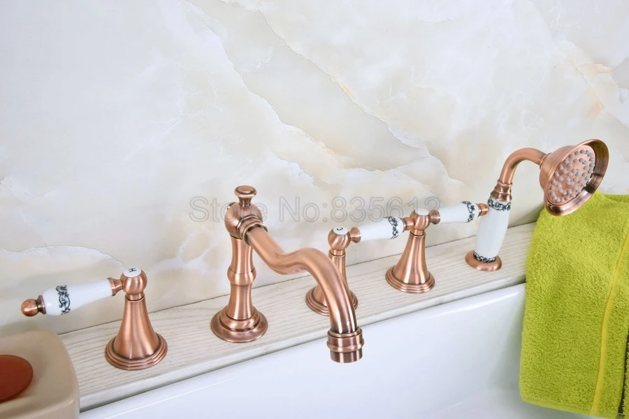 

Antique Red Copper Deck Mounted 3 Handles Bathroom Tub Faucet 5 Holes Hand Shower Sink Mixer Tap ttf214