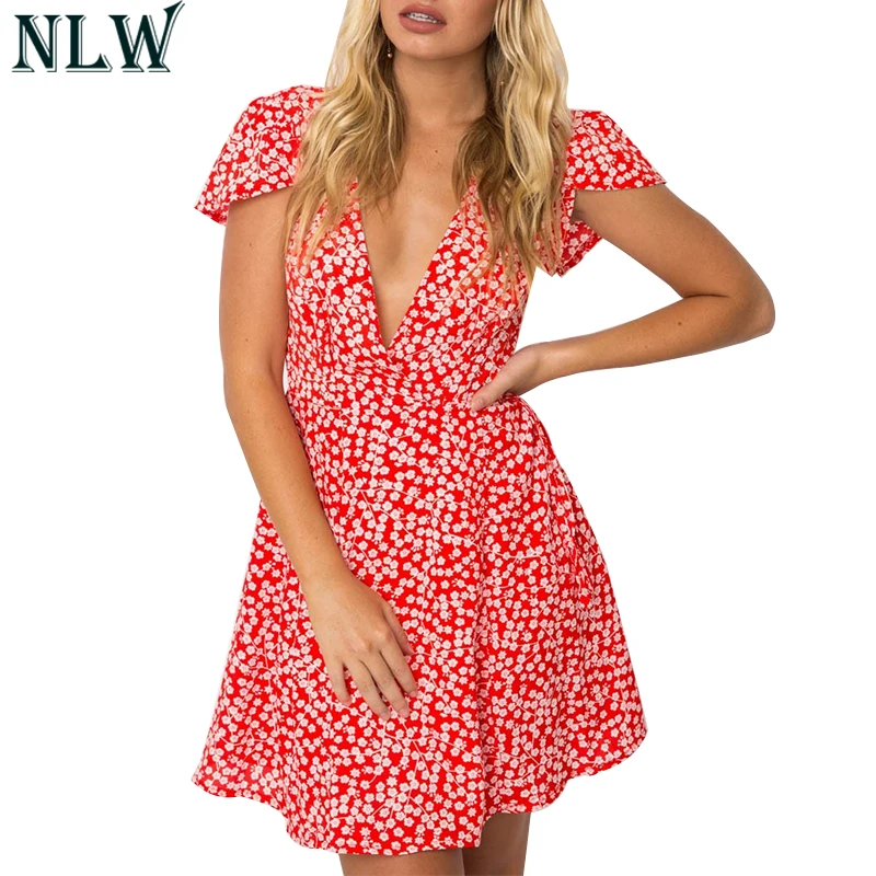 NLW Винтаж Цветочный принт летнее платье для женщин V средства ухода за кожей Шеи