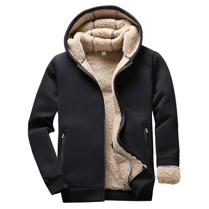 

[HANGJIA] Winter Zipper Pullover Sherpa Hoodies Mens Teen Thickening Plus Velvet Solid Color Hoodie Casual Urban Clothing M-3XL