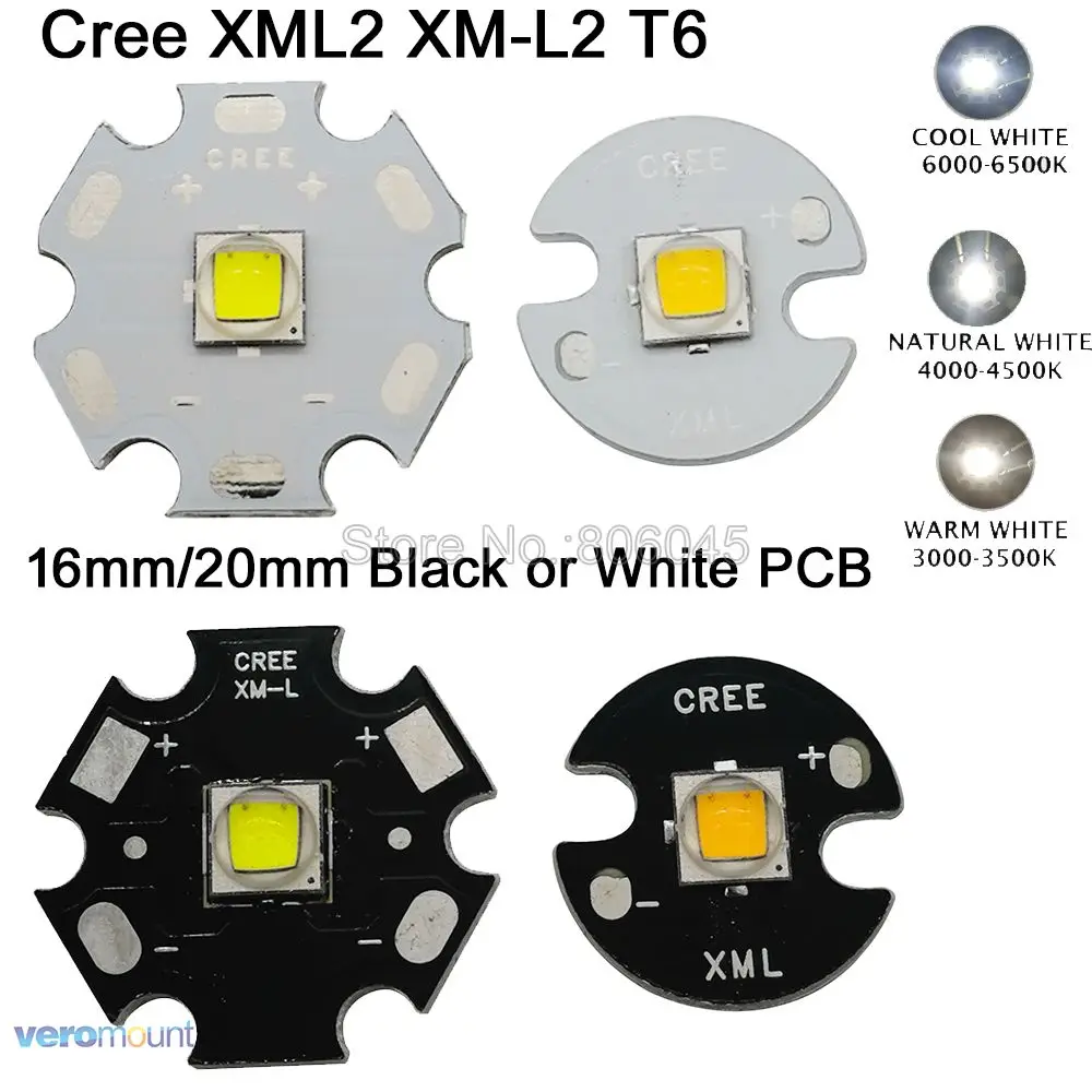 2x CREE XML2 XM-L2 T6, холодный белый 6500K, нейтральный белый 4500K, теплый белый 3000K, светодиодный излучатель высокой мощности 16 мм 20 мм, белый или черный PCB