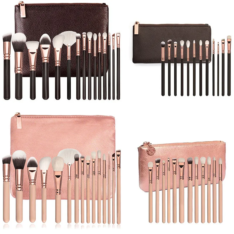 15 Cosmetic Brushes Set Rose Gold Black Wood Handle with Tools | Красота и здоровье