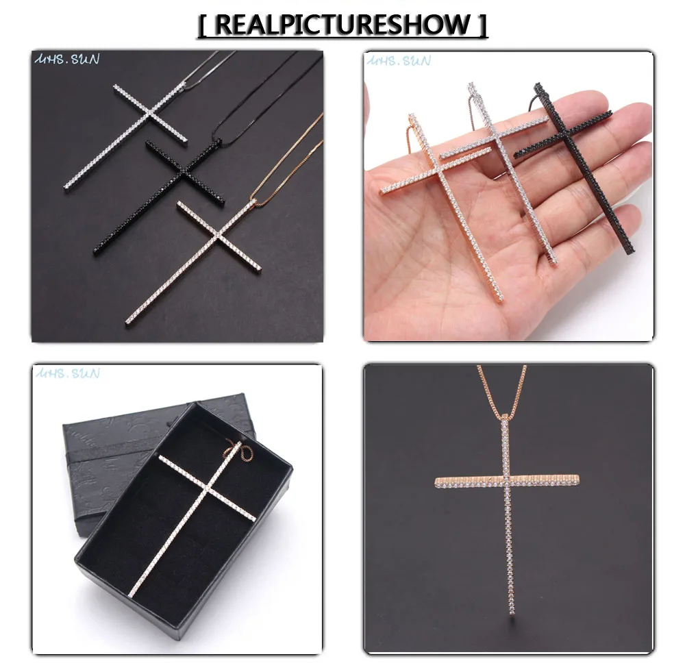 MHS.SUN CZ Zircon Big Cross Pendant Necklace For Men Women Gift Hip Hop Gold/Silver/Black Chain Necklace Religion Jewelry 1PC
