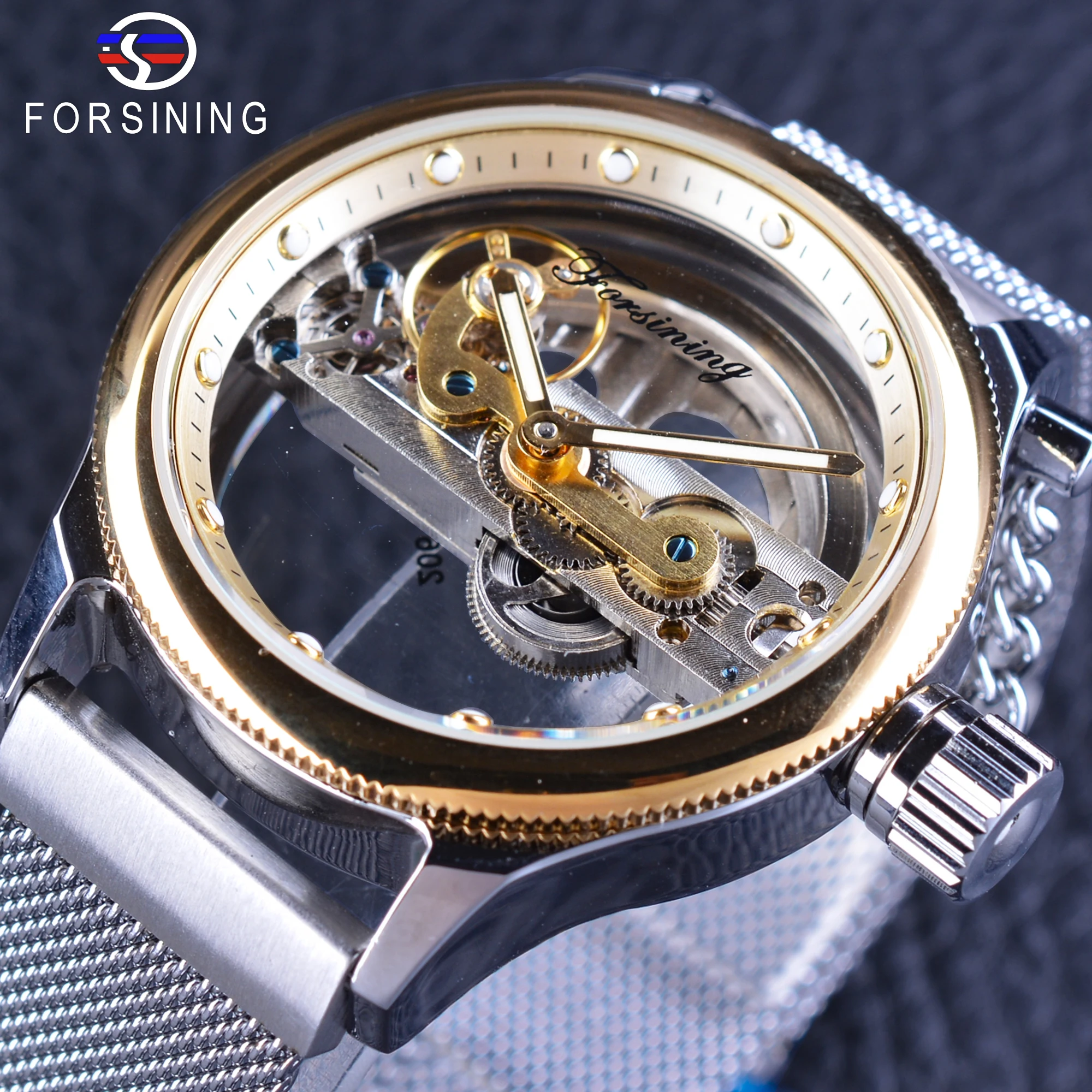 

Forsining 2017 Men's Automatic Watches Top Brand Luxury Transparent Case Skeleton Dial Golden Bezel Silver Mesh Band Wristwatch