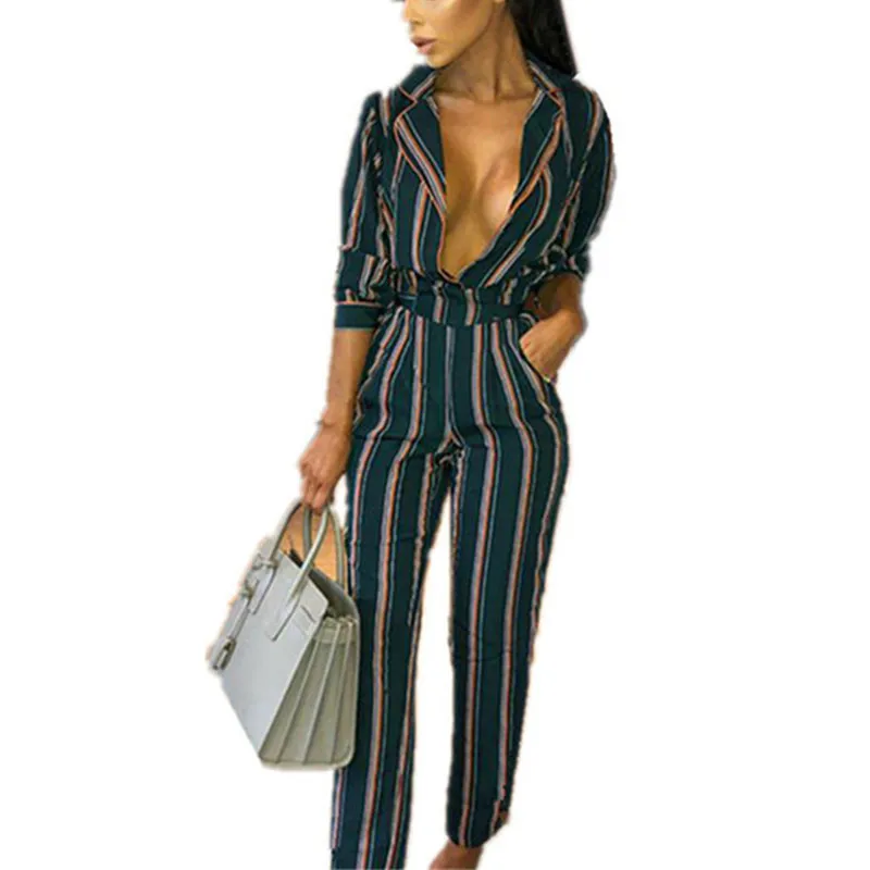 fashion striped printed jumpsuits for women 2018 turn down collar long rompers womens jumpsuit autumn new overalls femininos | Женская